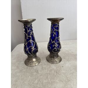 2 Vintage Cobalt Blue Glass and Metal Filigree Candleholders Candle Sticks